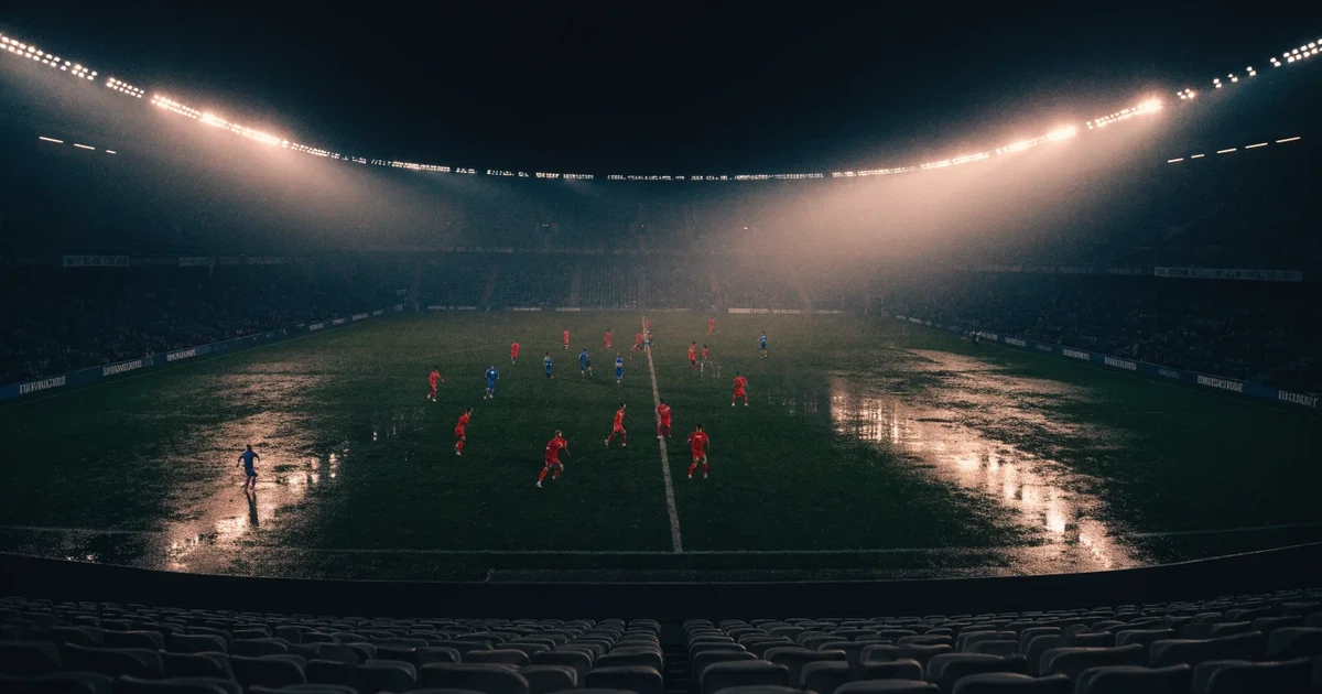 Ein Fussballspiel am Abend aus der Tribünenperspektive, die Spieler sind nur als kleine Figuren zu erkennen und das Flutlicht beleuchtet den nassen Rasen.