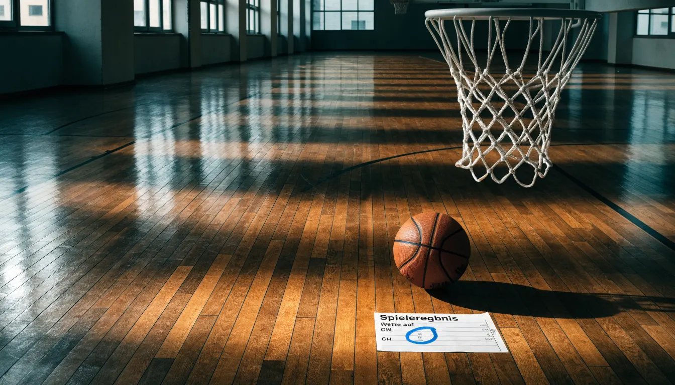 Ein Basketball liegt unter dem Korb in einer leeren Sporthalle, durch hohe Fenster fällt Tageslicht auf das Parkett.