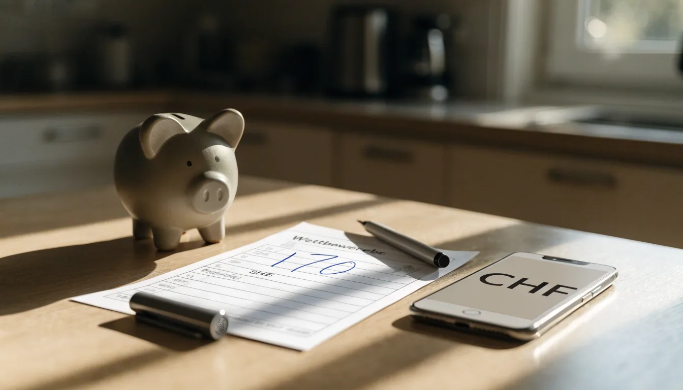 Ein Sparschwein aus Keramik steht auf einem Küchentisch neben einer leeren Geldbörse im Licht des Morgens.