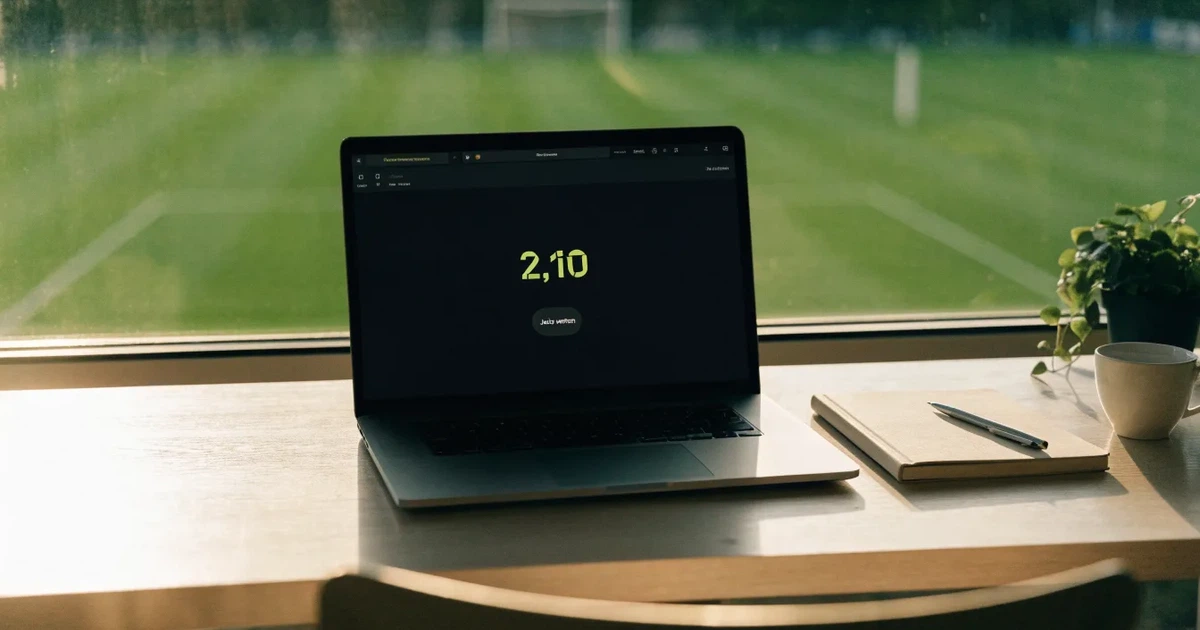 Ein aufgeräumter Schreibtisch mit Pflanze und Tasse in einem Heimbüro, vor dem Fenster liegt ein Fussballplatz im Gegenlicht.