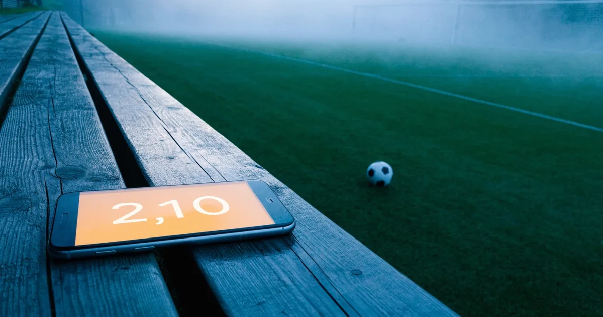 Ein Fernglas liegt auf einer leeren Holzbank an der Seitenlinie eines Fussballfelds, vom Rasen steigt Nebel auf.