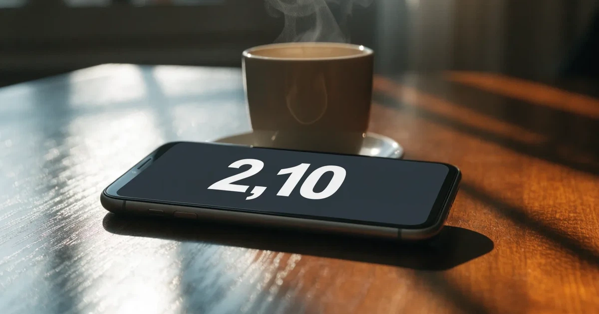 Ein Smartphone mit dunklem Display liegt auf einem Holztisch neben einer Kaffeetasse, durch das Fenster fällt warmes Abendlicht.