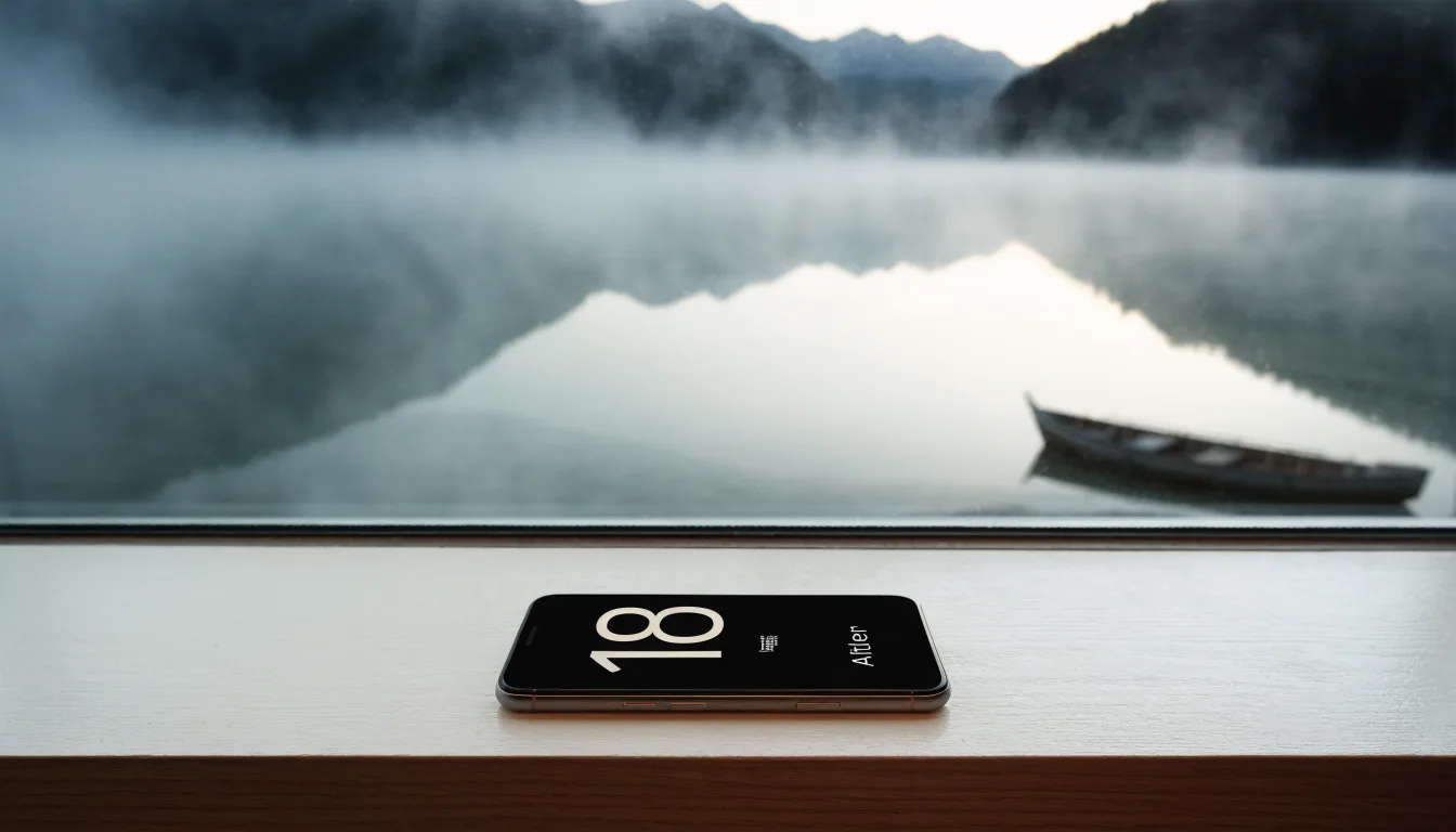 Ein Seeufer mit einem Holzsteg und einem vertäuten Ruderboot im Morgennebel, im Hintergrund die Silhouette von Bergen.