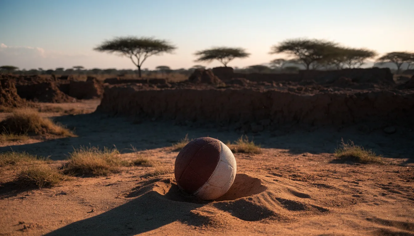 Ein Fussball liegt auf rotbraunem Sand am Rand eines Dorfes, die Abendsonne wirft lange Schatten.