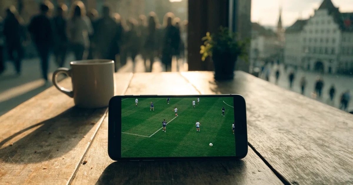 Ein ausgetrockneter Fussballplatz mit Rasenstreifen im warmen Nachmittagslicht, im Hintergrund Palmen und ein flaches Stadiondach.
