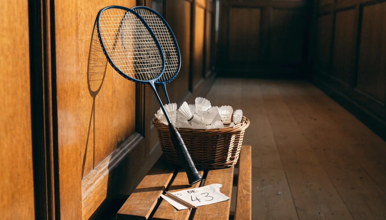 Zwei Badmintonschläger lehnen gekreuzt an einer Hallenwand aus Holz, daneben steht ein Korb mit Federbällen.