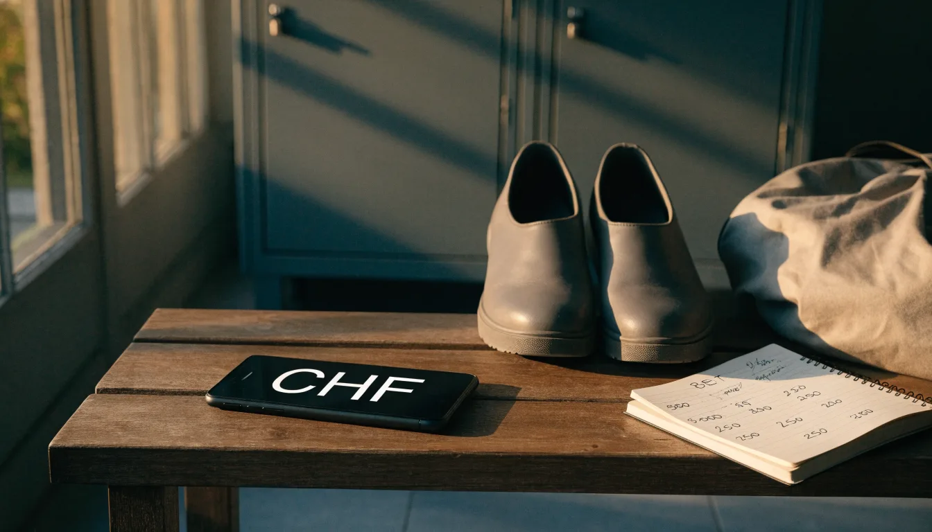 Ein Paar Hallenschuhe steht ordentlich neben einer Sporttasche auf einer Bank in einer leeren Garderobe, ein Fenster lässt Morgenlicht herein.