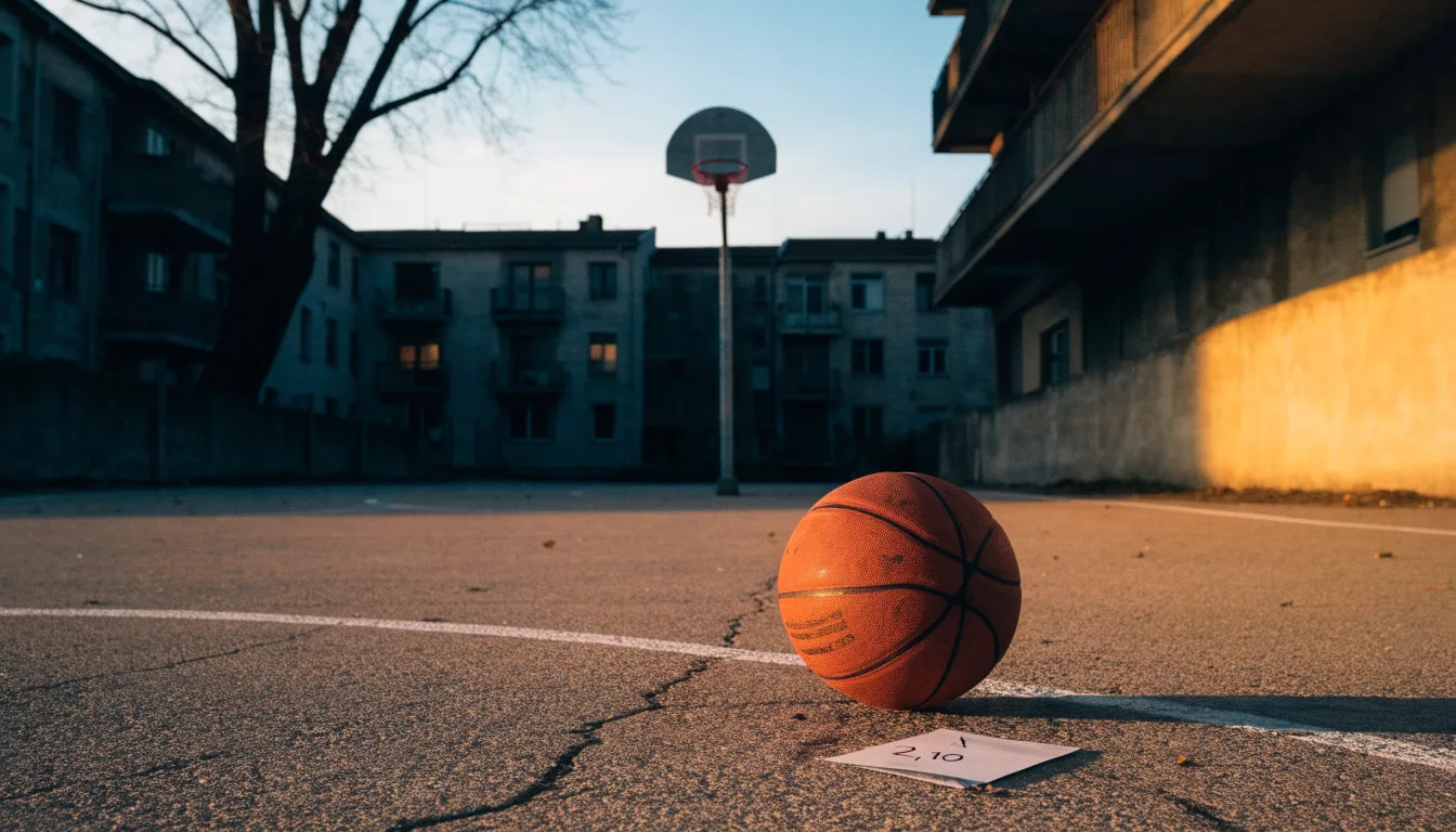 Ein Basketball liegt auf einem Asphaltplatz in einem Hinterhof zwischen Wohnblöcken, das Abendlicht färbt die Wände warm.