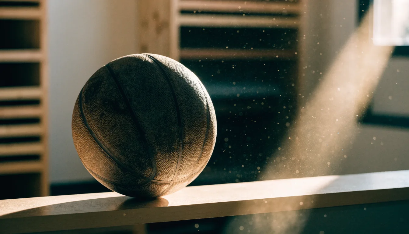 Ein abgenutzter Lederball liegt auf einem Holzregal in einem Vereinsraum, ein Sonnenstrahl macht den Staub sichtbar.