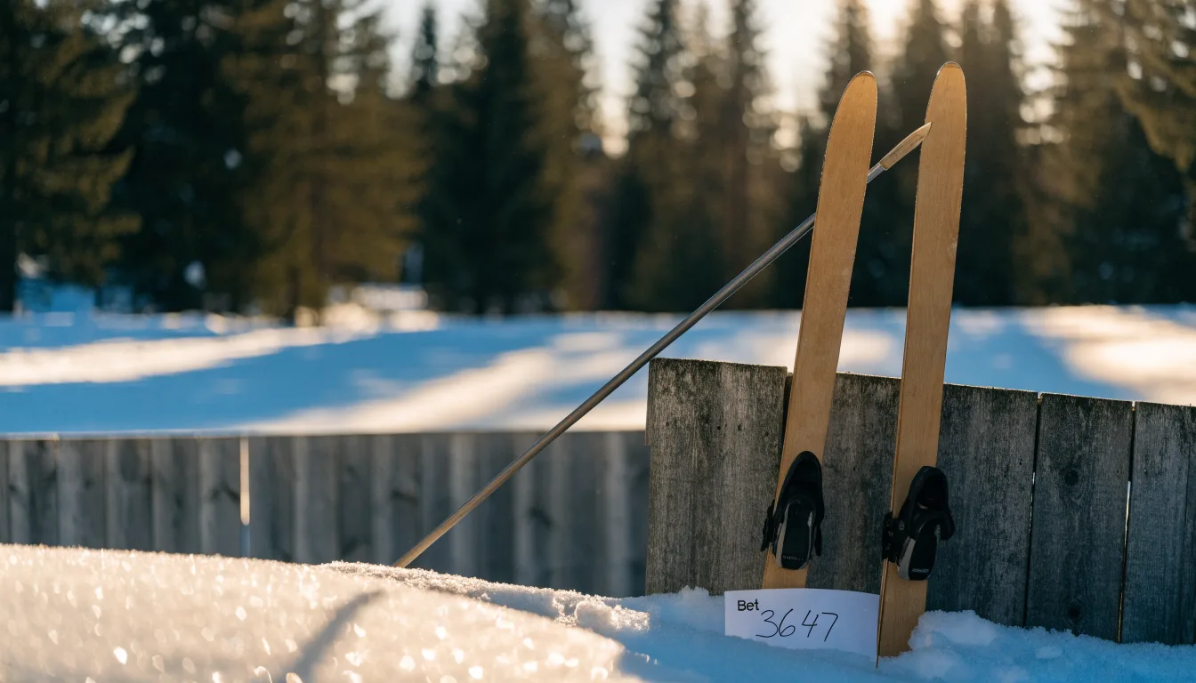 Ein Paar Langlaufskier steckt aufrecht im Schnee neben einem Holzzaun, die Sonne glitzert auf Eiskristallen.