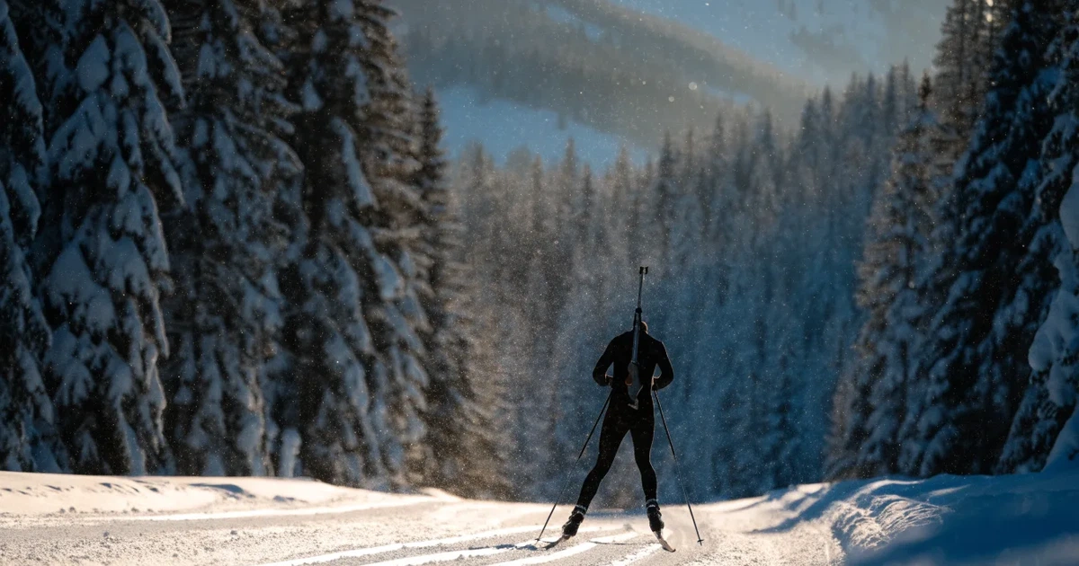 Eine verschneite Langlaufloipe führt durch Tannenwald im Morgenlicht, frische Spuren im Schnee, dahinter Berge im Dunst.