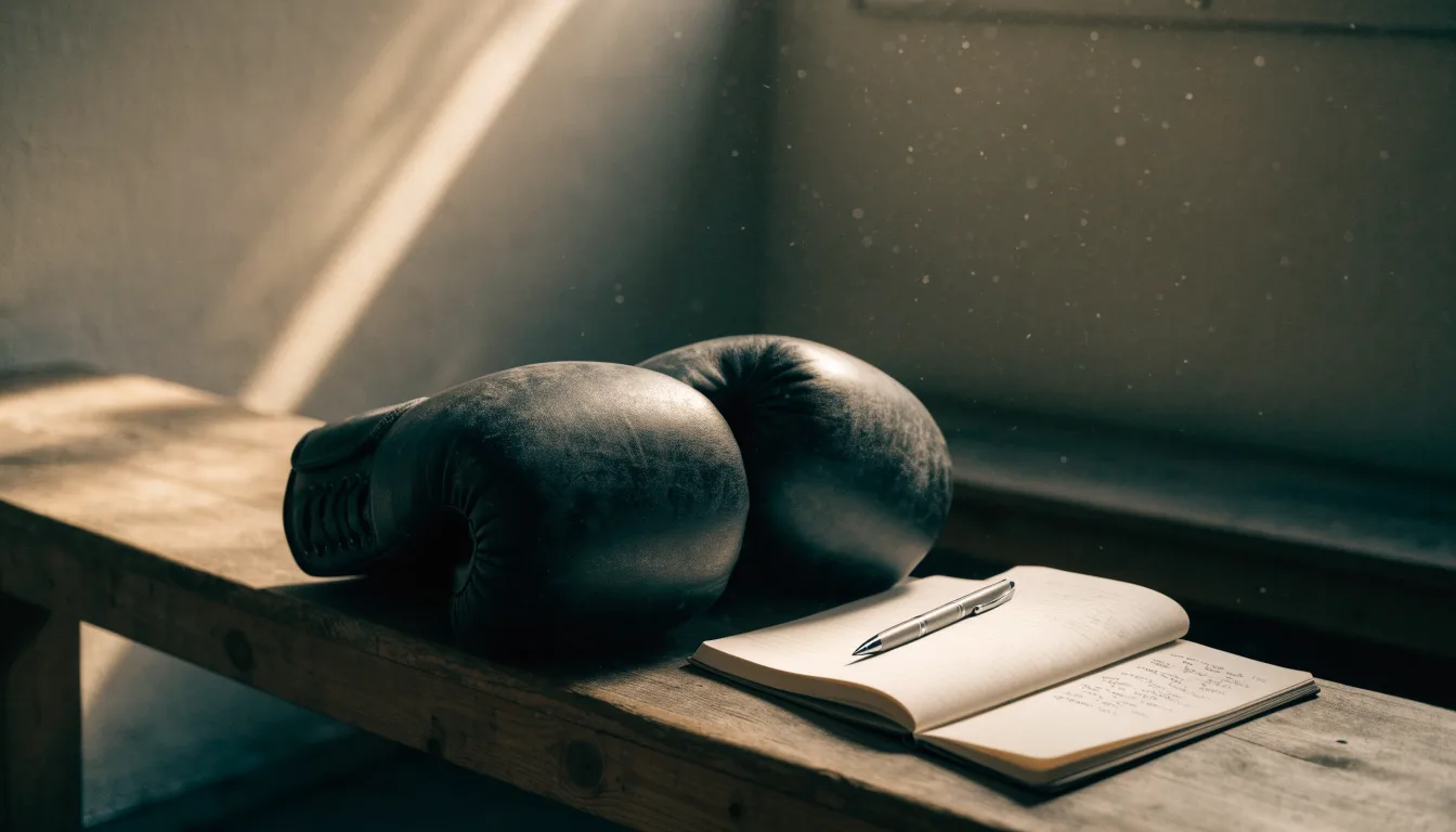 Ein Paar Boxhandschuhe aus Leder liegt auf einer Holzbank neben einem Notizbuch mit handgeschriebenen Zeilen, warmes Fensterlicht