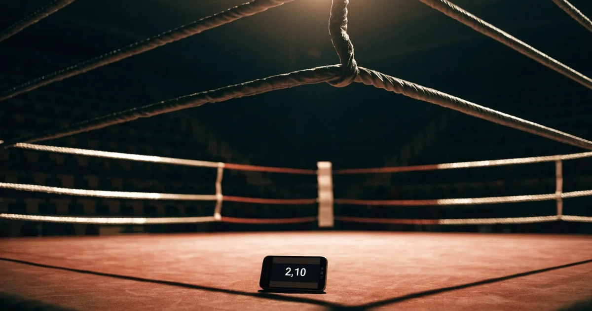 Ein leerer Boxring mit gespannten Seilen unter hellem Hallenlicht, dahinter ansteigende Zuschauerränge in einer grossen dunklen Halle