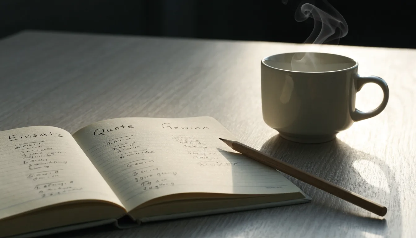 Ein aufgeschlagenes Notizbuch mit handgeschriebenen Spalten und ein Bleistift neben einer Tasse Kaffee auf einem Holztisch am Morgen