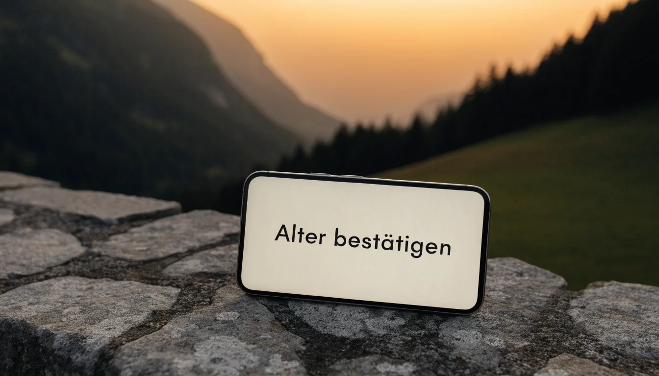 Ein Smartphone mit dunklem Display liegt auf einer Steinmauer, dahinter ein Alpental im Abendlicht