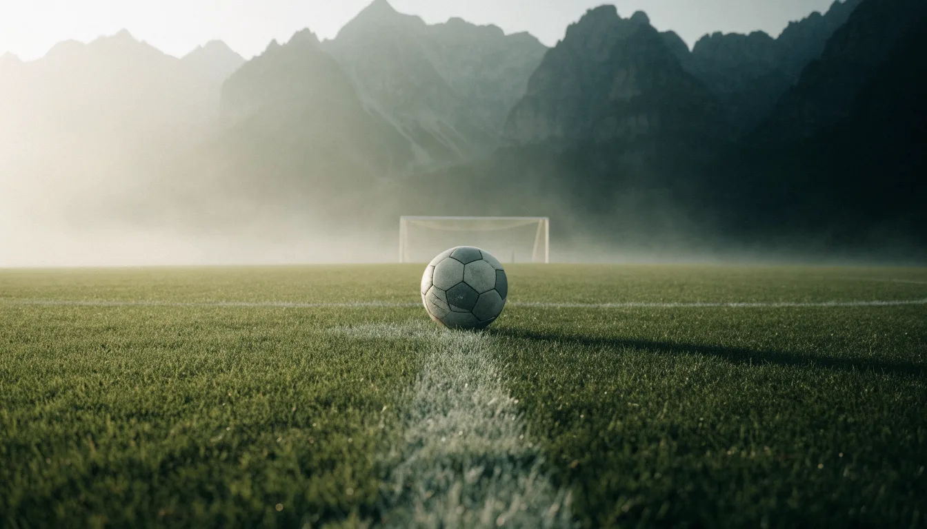 Ein einzelner Fussball auf dem Mittelpunkt eines leeren Rasens im Morgennebel, hinter dem Tor ragen Berge auf