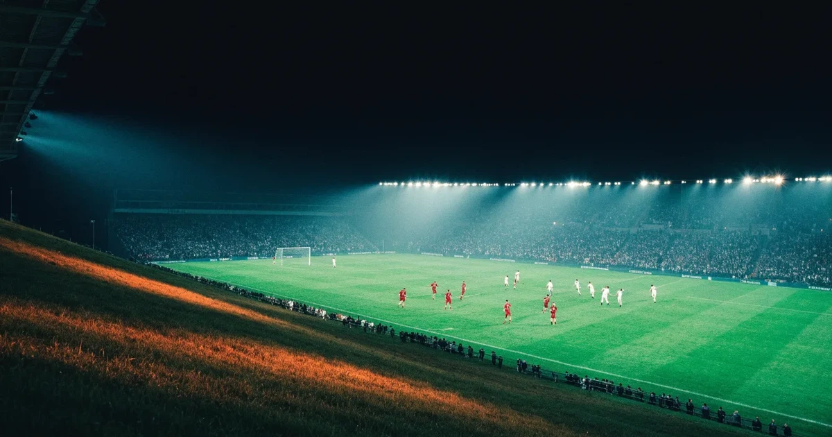 Ein Fussballstadion bei Flutlicht von einer Anhöhe aus gesehen, der Rasen leuchtet grün unter dunklem Abendhimmel