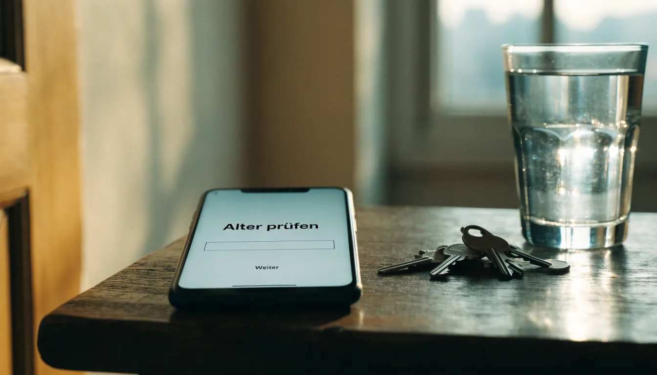 Ein Schlüsselbund und ein Glas Wasser stehen auf einem Holztisch im Licht eines Fensters