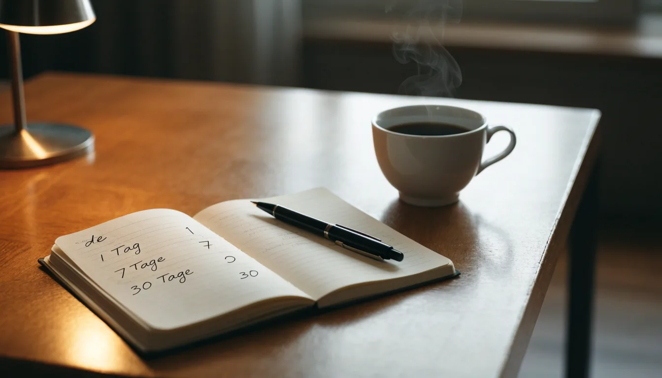 Ein Notizbuch mit handschriftlichen Einträgen und eine Tasse Tee stehen auf einem Tisch neben einer Stehlampe