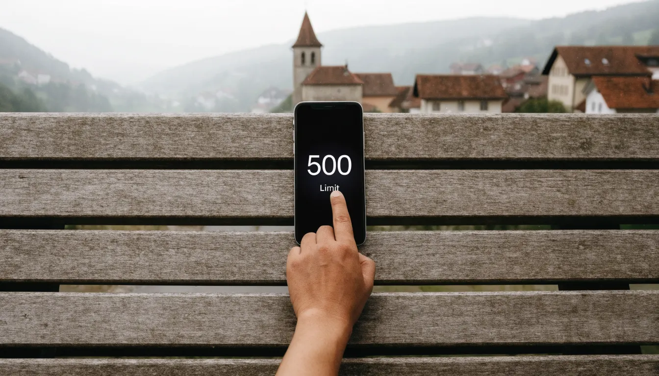 Ein Smartphone mit dunklem Display liegt auf einer Parkbank, dahinter ein Schweizer Dorf mit Kirchturm im Dunst