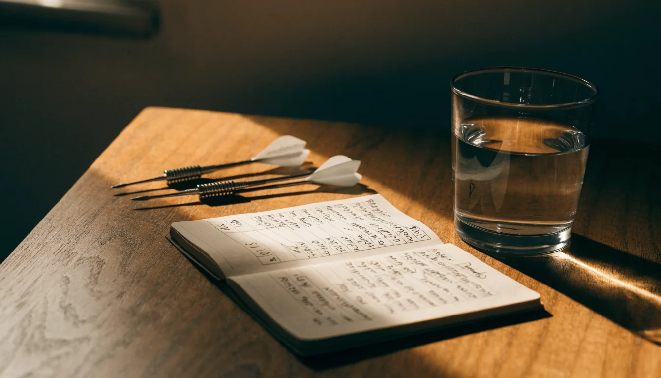Drei Dartpfeile liegen auf einer Holzfläche neben einem Notizblock mit handschriftlichen Zahlen und einem Glas Wasser