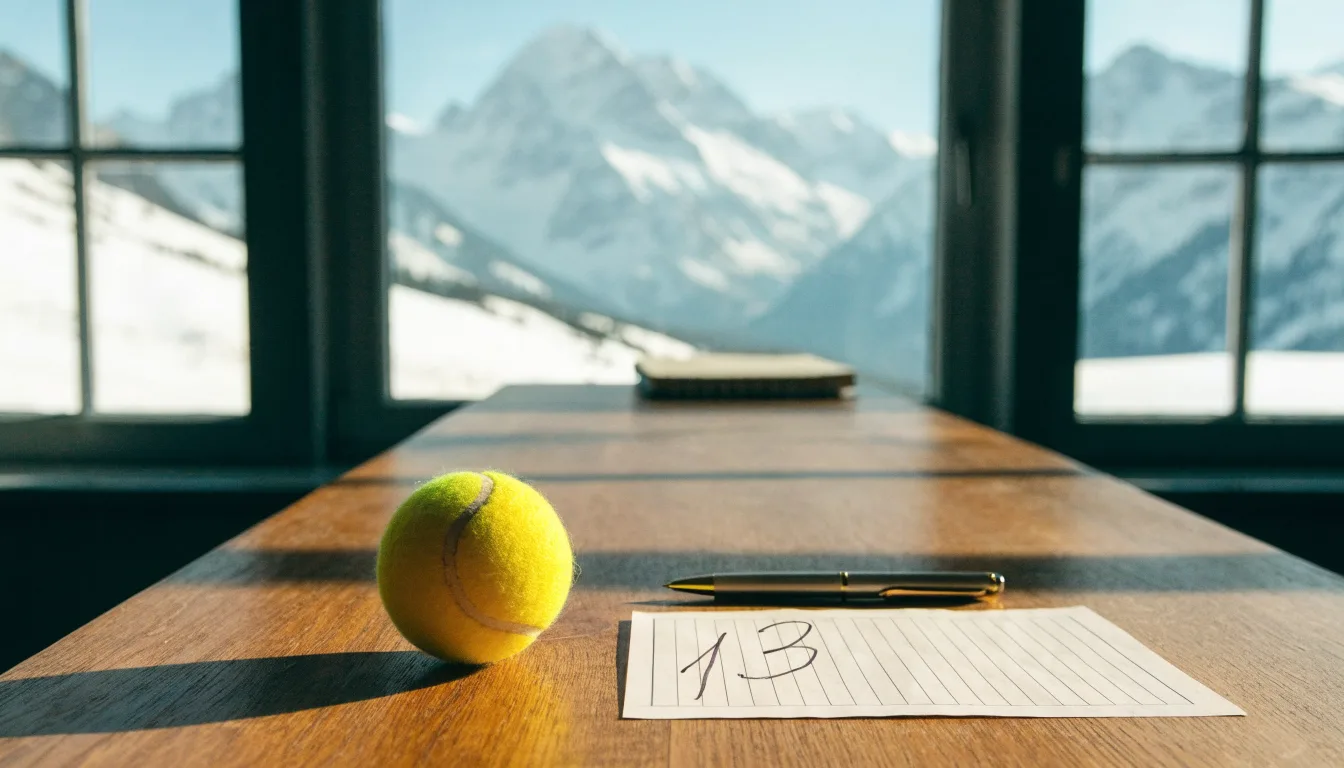 Ein einzelner gelber Tennisball liegt auf einem Holztisch vor einem Fenster mit Alpenblick