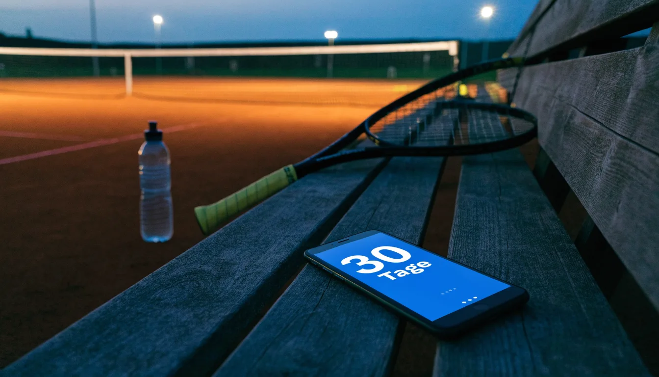 Ein Tennisschläger lehnt an einer Bank neben einer Wasserflasche, am Abend ruht der Platz im Flutlicht, aus der Ferne gesehen
