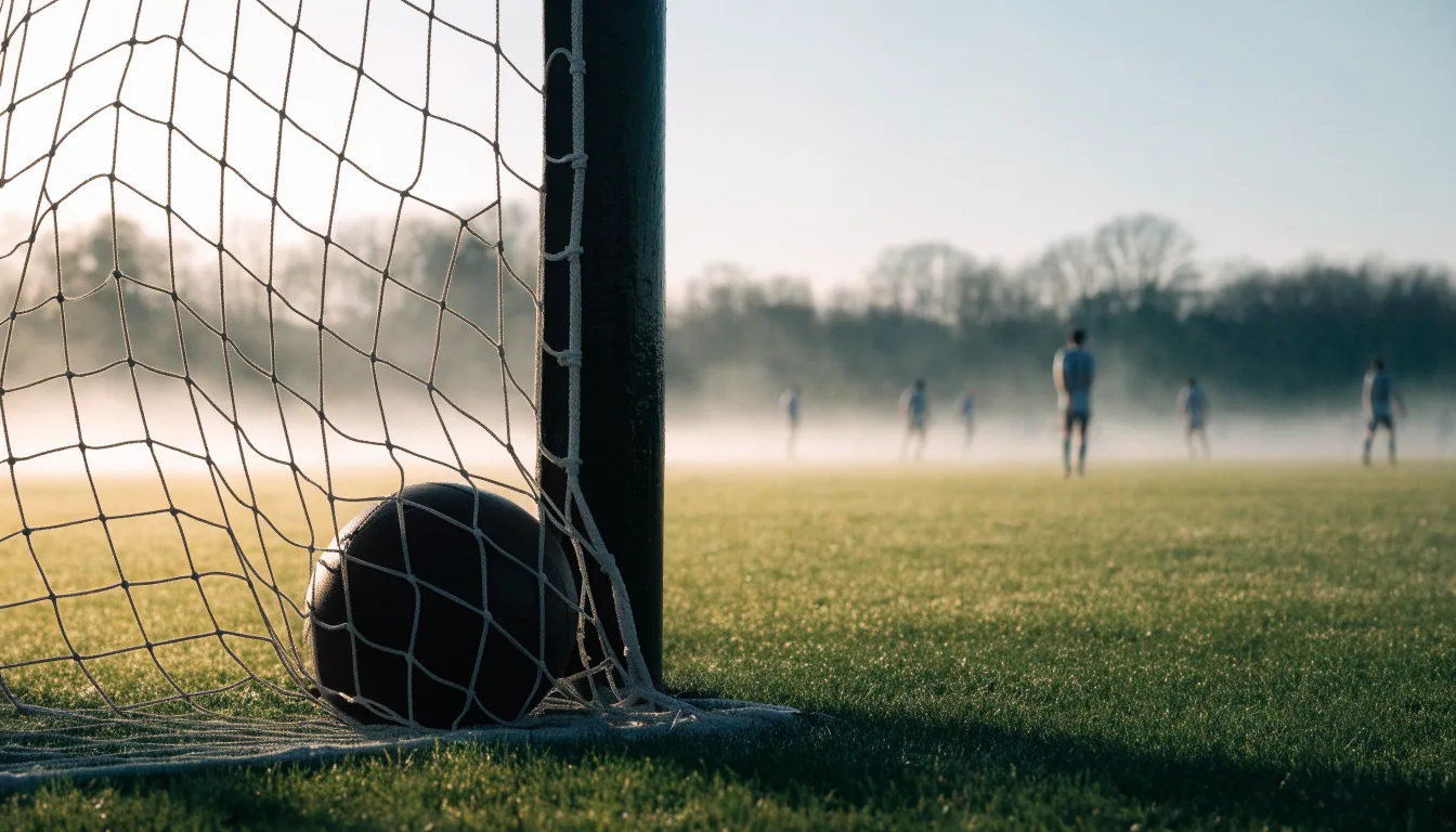 Ein Fussball liegt im Netz hinter einem Tor, weicher Morgennebel hängt über dem Rasen