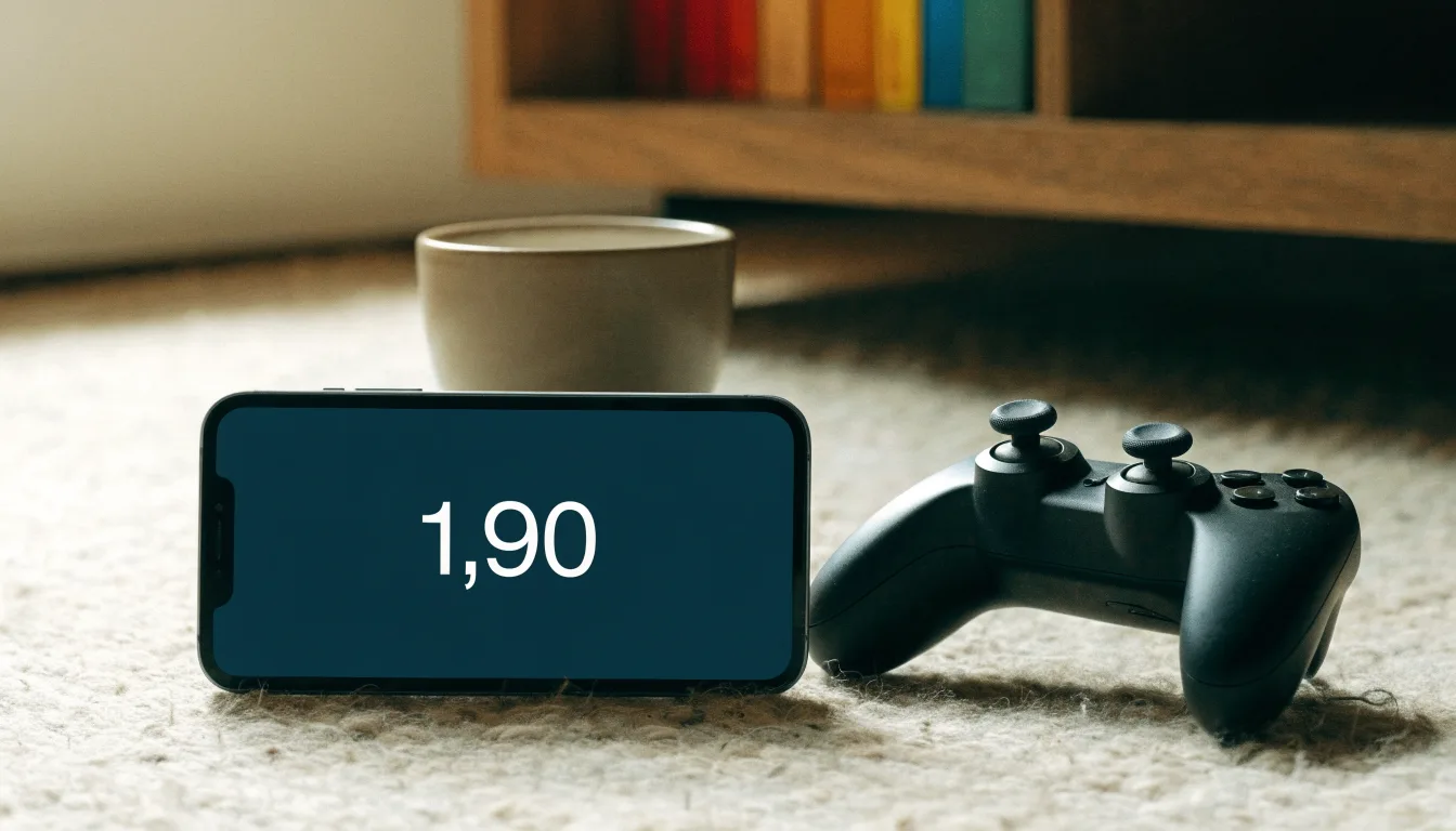 Ein Spielcontroller liegt auf einem Teppich neben einer Tasse, im Hintergrund ein Regal mit Büchern