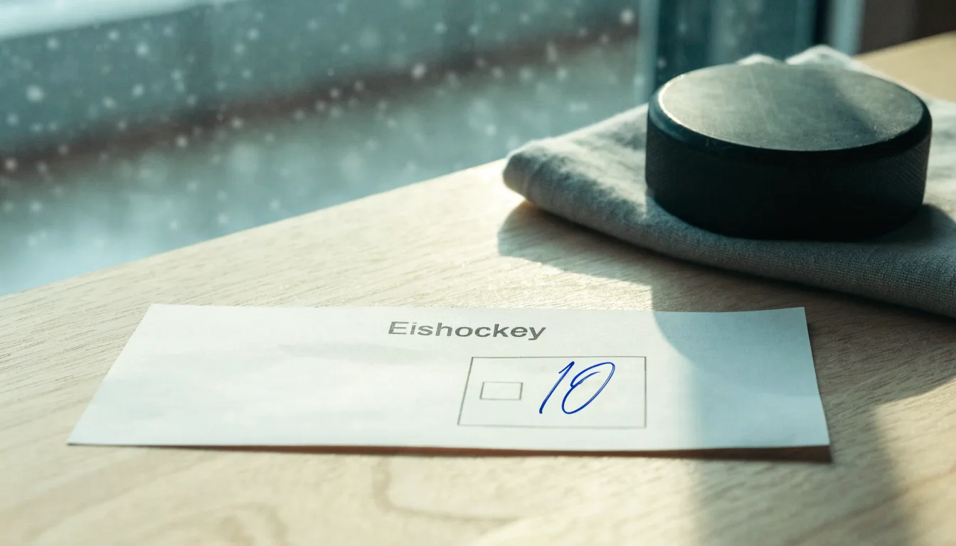 Ein Eishockeypuck liegt auf einer Eisfläche mit Kratzspuren, Nahaufnahme mit kühlen Reflexen