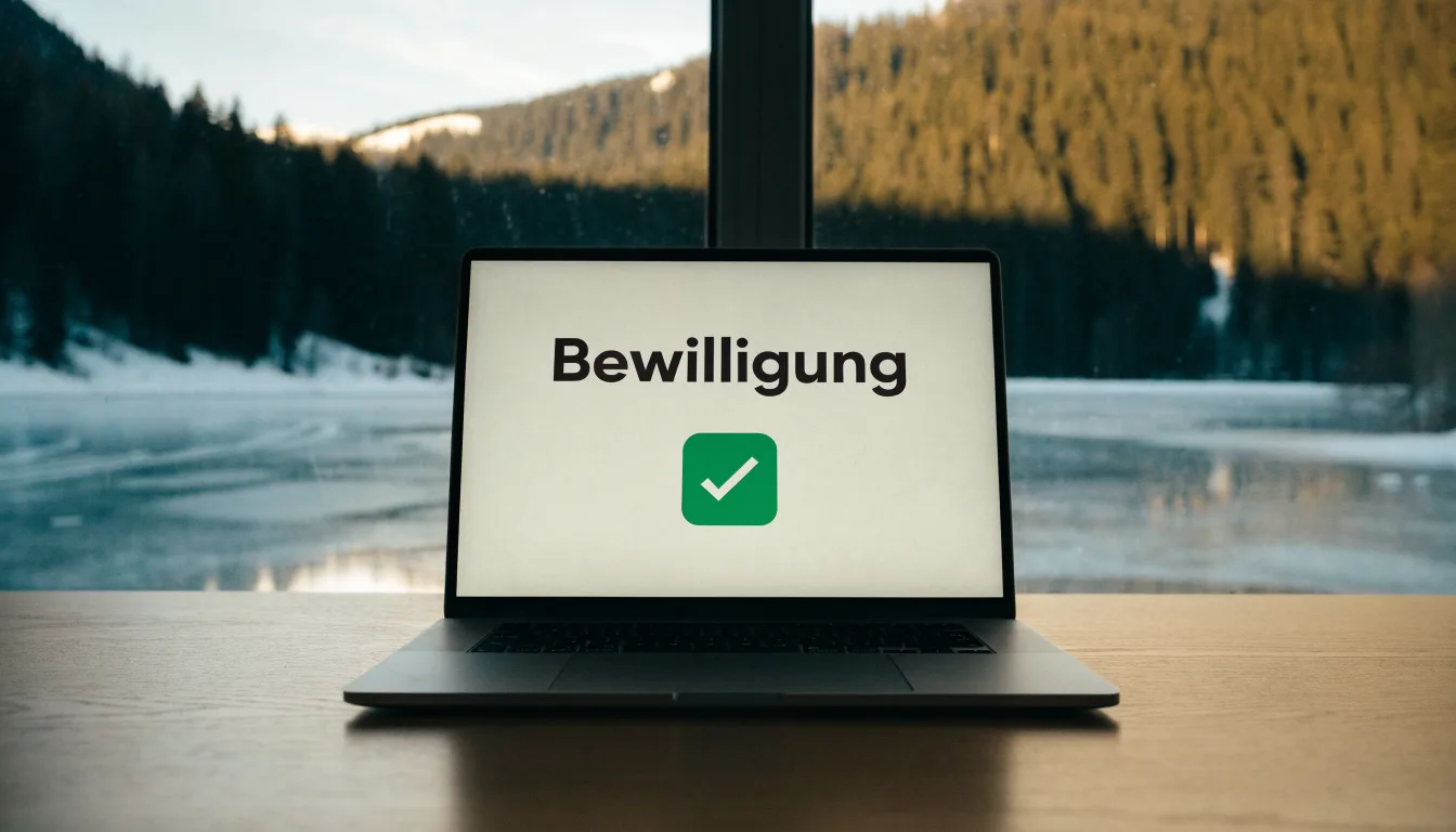 Ein zugefrorener Bergsee mit Spuren von Schlittschuhen am Morgen, dahinter ein verschneiter Wald