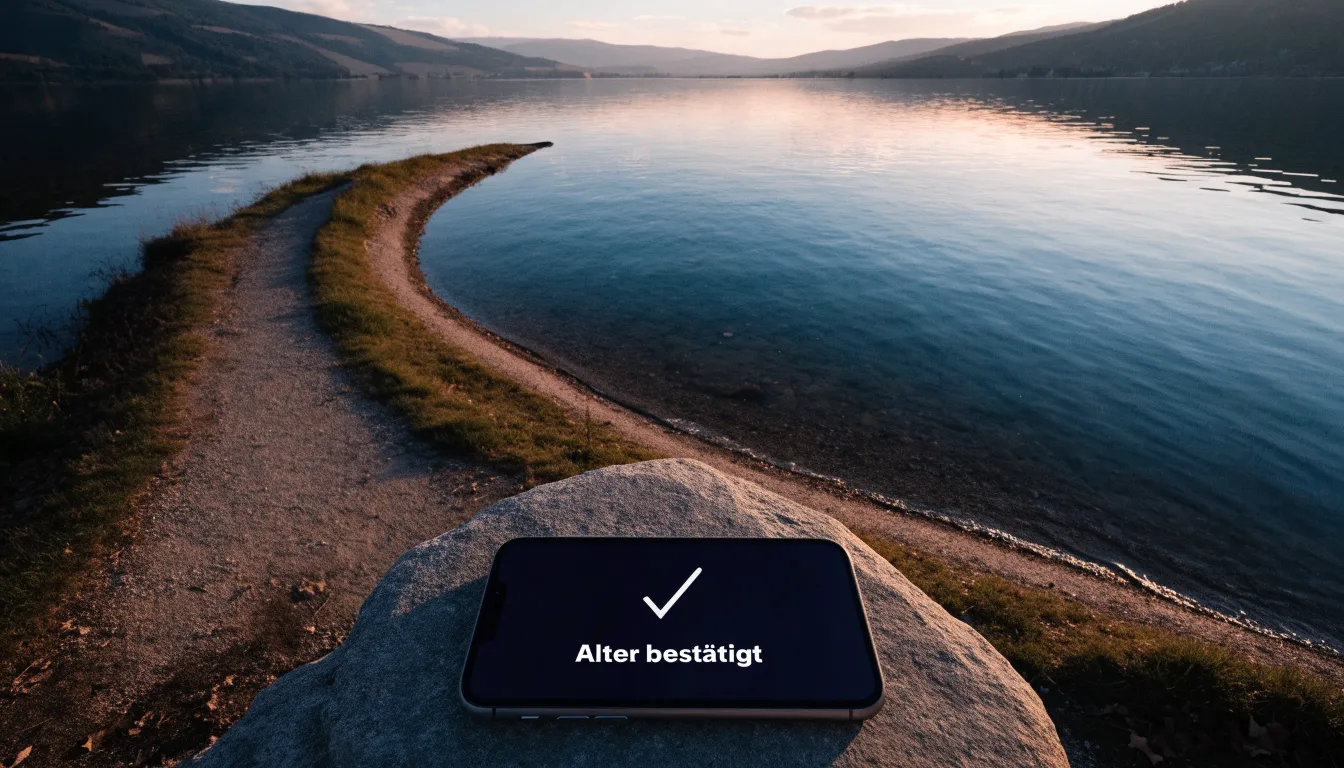 Ein schmaler Wanderweg führt am Seeufer entlang, auf einem Stein liegt ein Smartphone mit dunklem Display