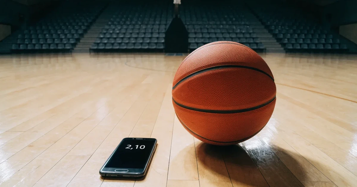 Ein Basketball liegt auf dem hellen Parkett einer leeren Halle, im Hintergrund steigen die Tribünenreihen im Halbdunkel an.