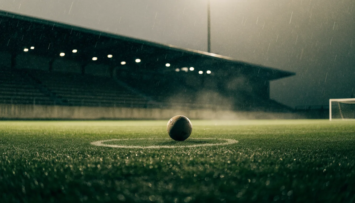 Ein Fussball liegt auf dem Anstosspunkt eines nassen Rasens, dahinter eine leere Tribüne unter grauem Himmel.