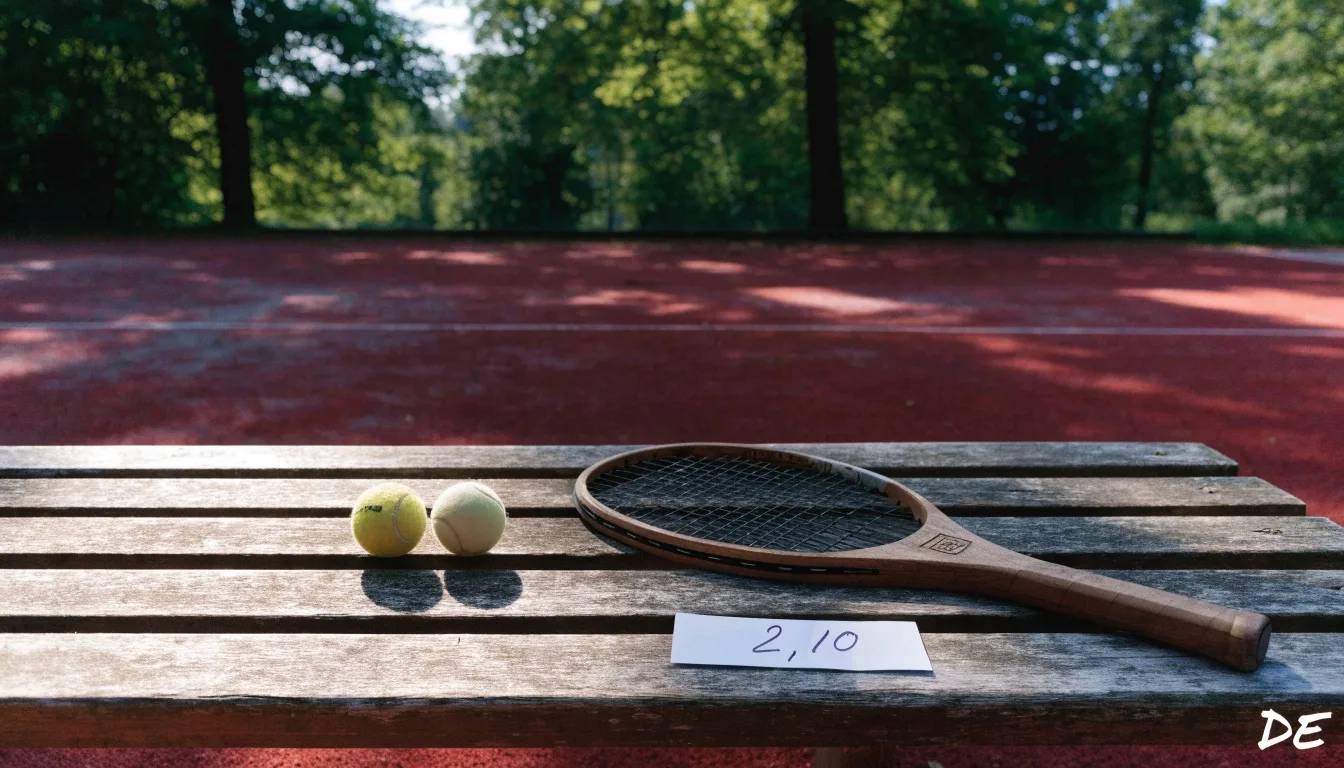 Ein Tennisball und ein Schläger ruhen auf einer Holzbank am Spielfeldrand, im Hintergrund hohe Bäume im Sommerlicht.