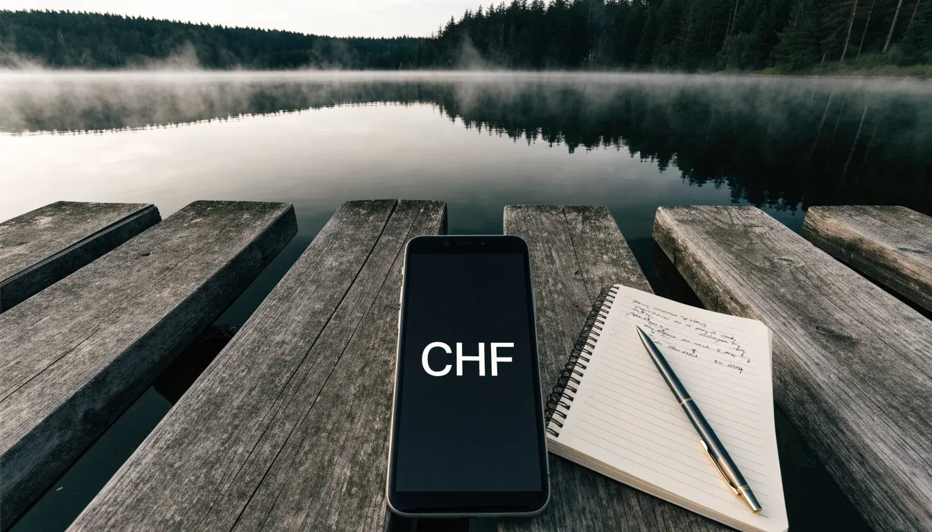 Ein Holzsteg führt über einen ruhigen Bergsee im Nebel, am anderen Ufer stehen dunkle Tannen.