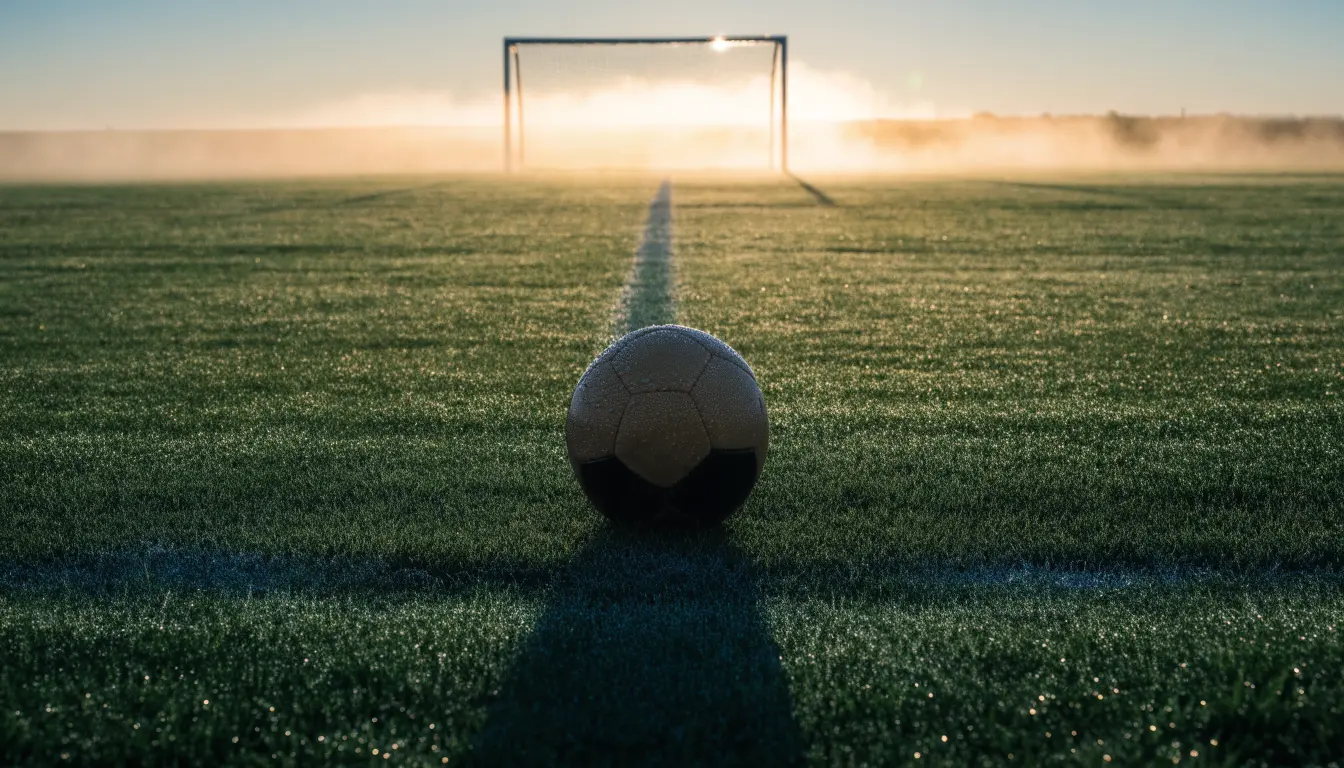 Ein Fussball liegt im Tau auf der Mittellinie eines Dorfplatzes bei Sonnenaufgang, der Rasen glitzert.
