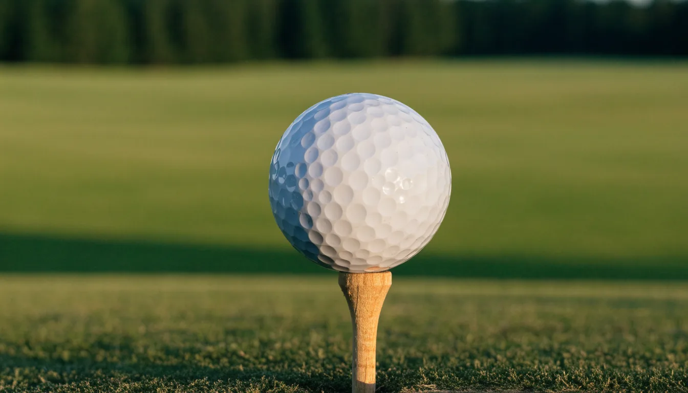 Ein Golfball liegt auf einem Holztee im Gras, scharf im Vordergrund, dahinter verschwimmt eine weite Wiese.