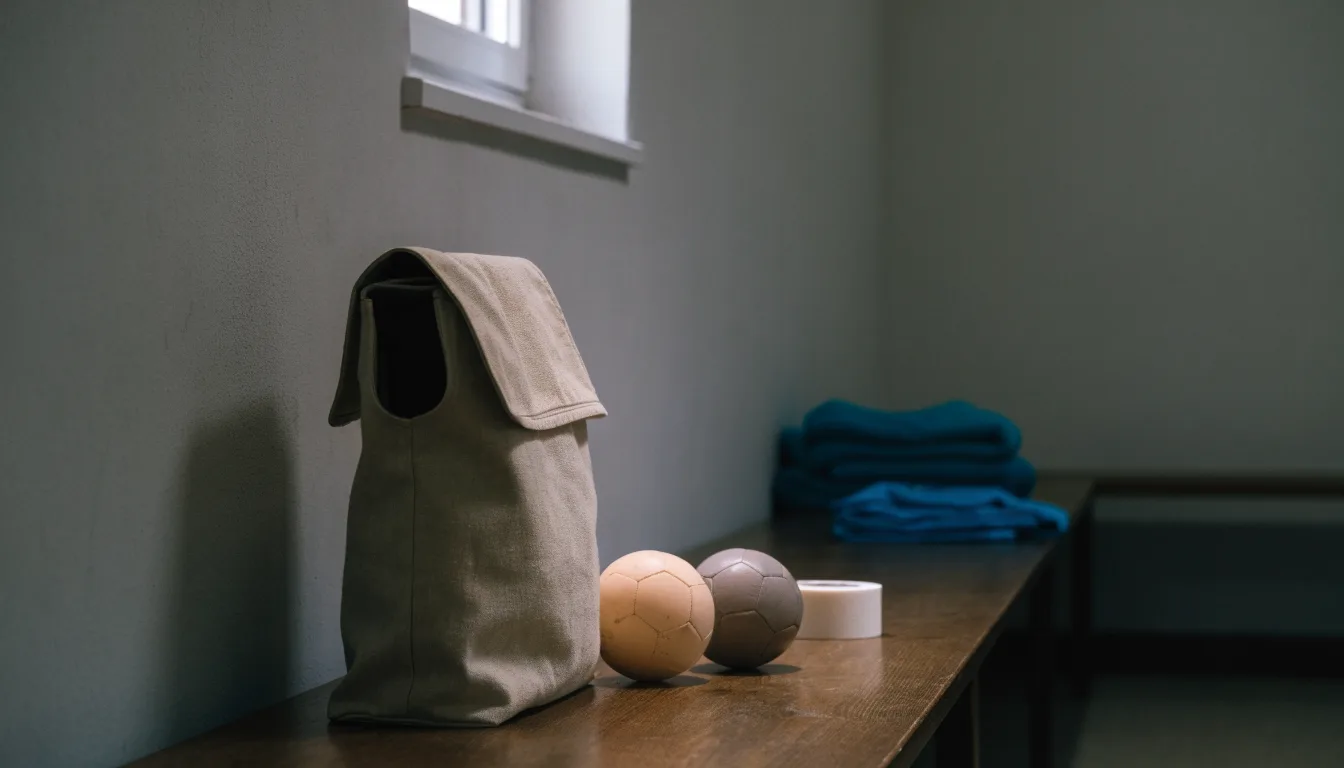 Eine Stofftasche mit Klebeband und zwei Handbällen steht auf einer Bank in einer Umkleide, Licht fällt durch ein kleines Fenster.