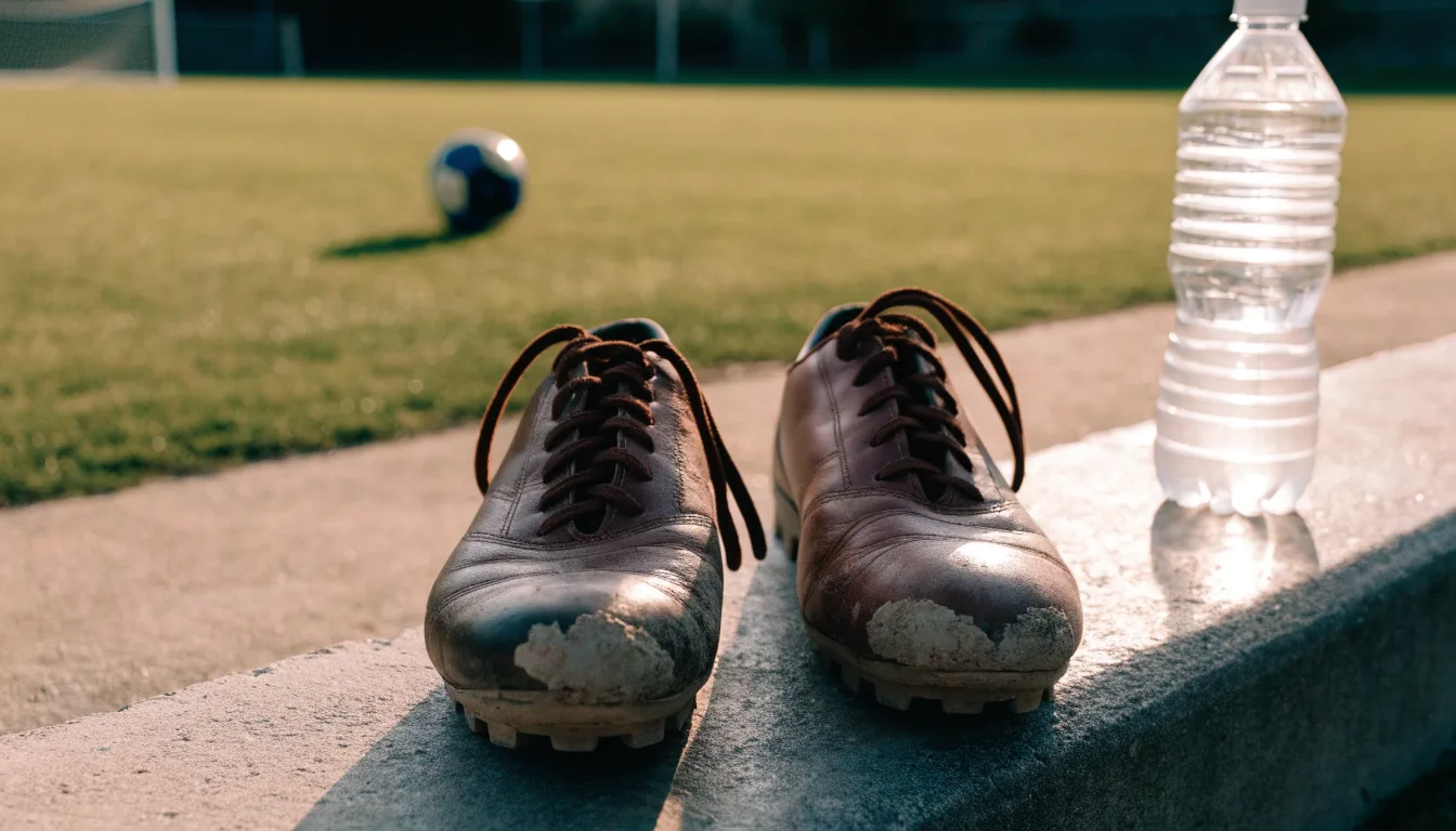 Ein Paar abgetragene Fussballschuhe steht neben einer Wasserflasche auf einer Treppenstufe im Sonnenlicht.