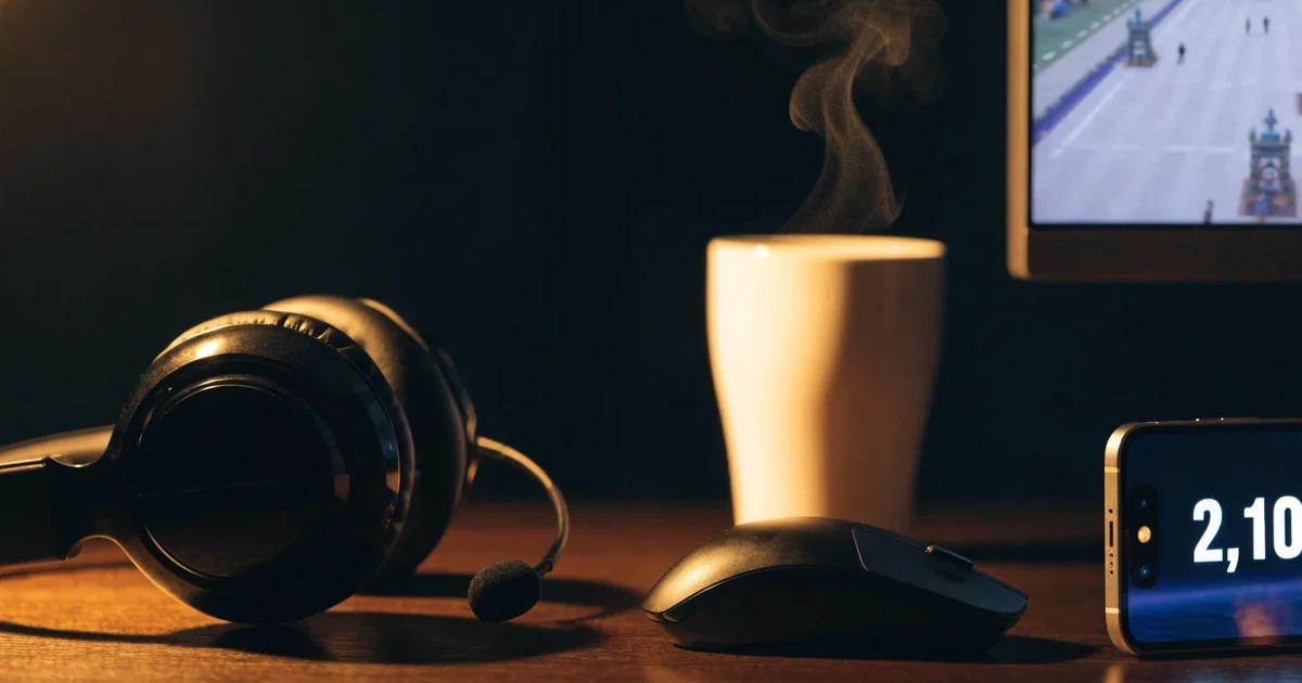 Ein Headset und eine Computermaus liegen auf einem dunklen Schreibtisch, daneben ein Becher mit dampfendem Tee.