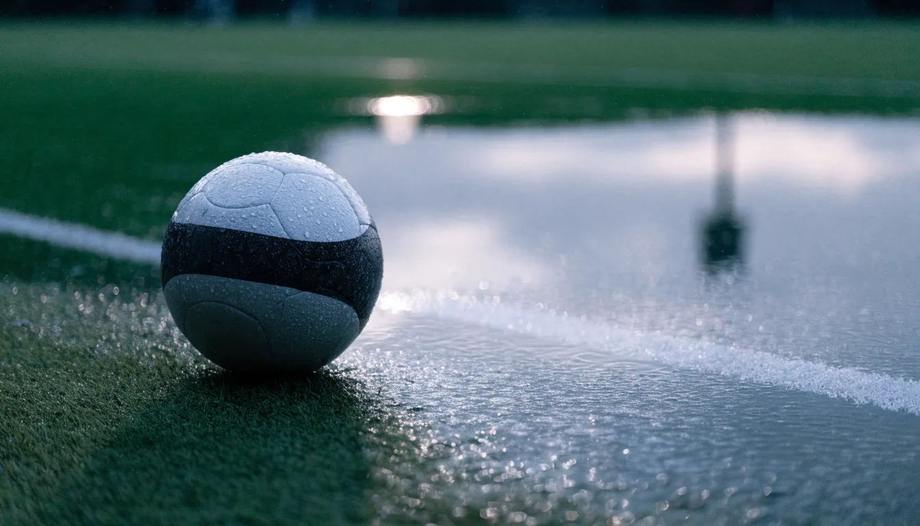 Ein Fussball liegt auf nassem Kunstrasen neben einer weissen Linie, Pfützen spiegeln den Himmel.