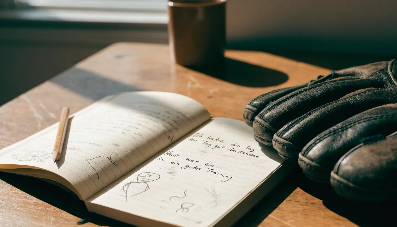 Ein aufgeschlagenes Notizbuch mit handgeschriebenen Notizen und ein Bleistift liegen auf einem Holztisch neben einem abgegriffenen Baseballhandschuh.