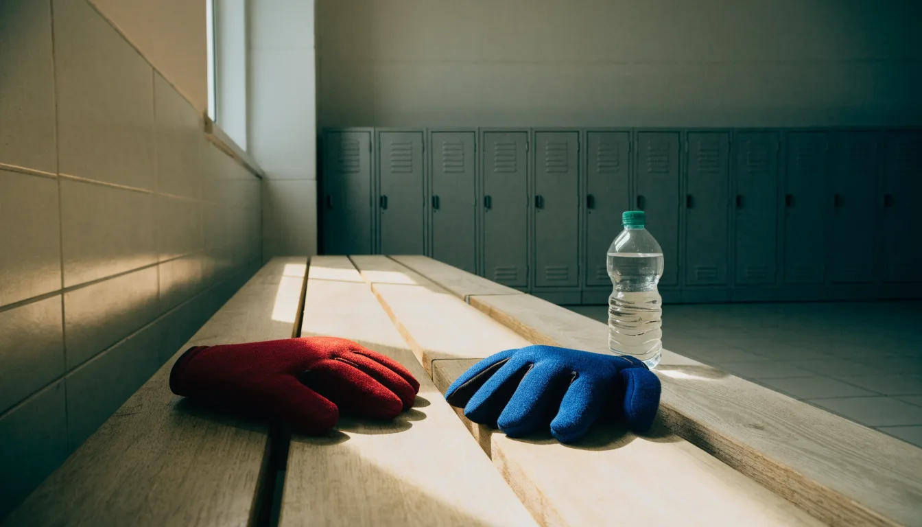 Ein Paar Kampfsporthandschuhe liegt auf einer Holzbank neben einer Wasserflasche in einer ruhigen Umkleide, durch ein hohes Fenster fällt Tageslicht.