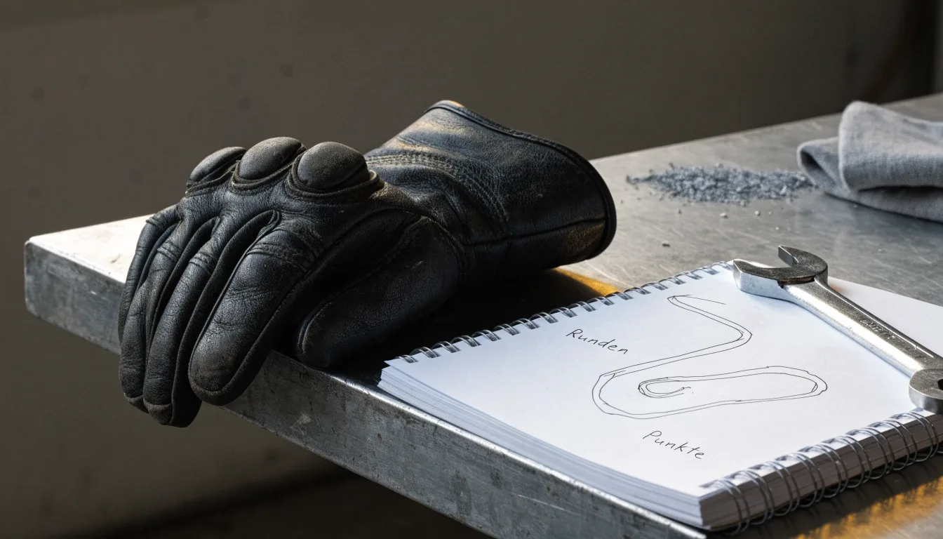Ein Motorradhandschuh aus Leder liegt auf einer Werkbank neben einem Block mit handgezeichneten Skizzen und einem Schraubenschlüssel.