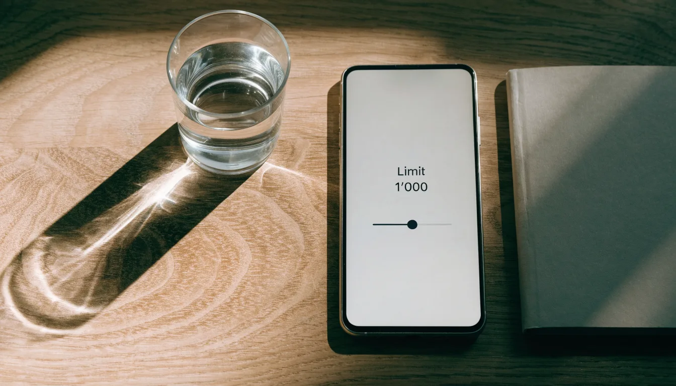 Eine Sanduhr steht auf einem Holztisch neben einem Glas Wasser, schräges Morgenlicht wirft einen langen Schatten über die Tischplatte.
