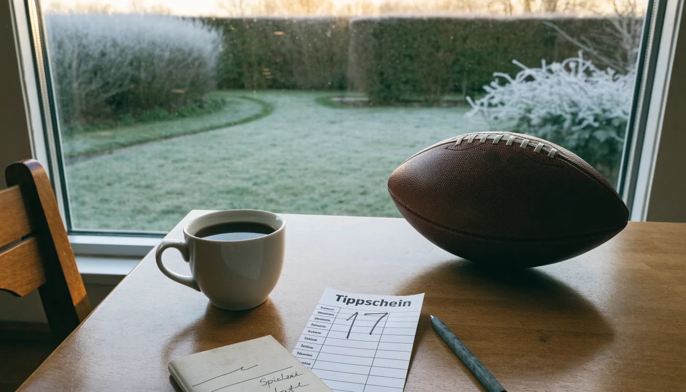 Ein Kaffeebecher und ein Football stehen auf einem Küchentisch am Morgen, durch das Fenster sieht man einen Garten mit Raureif.