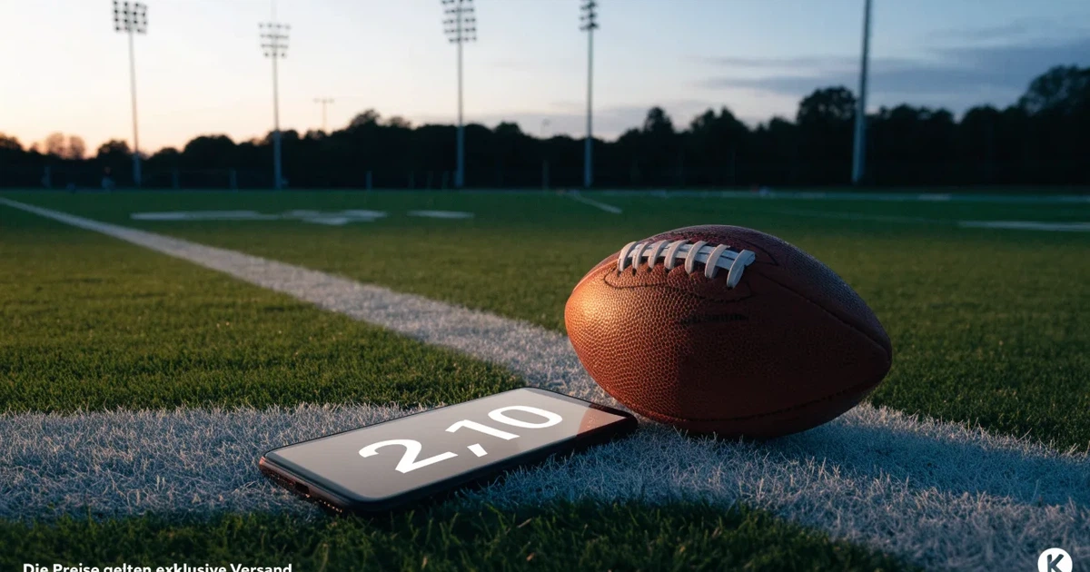 Ein ovaler Football liegt auf frisch gemähtem Rasen neben einer weissen Linie, im Hintergrund stehen leere Flutlichtmasten im Abendlicht.