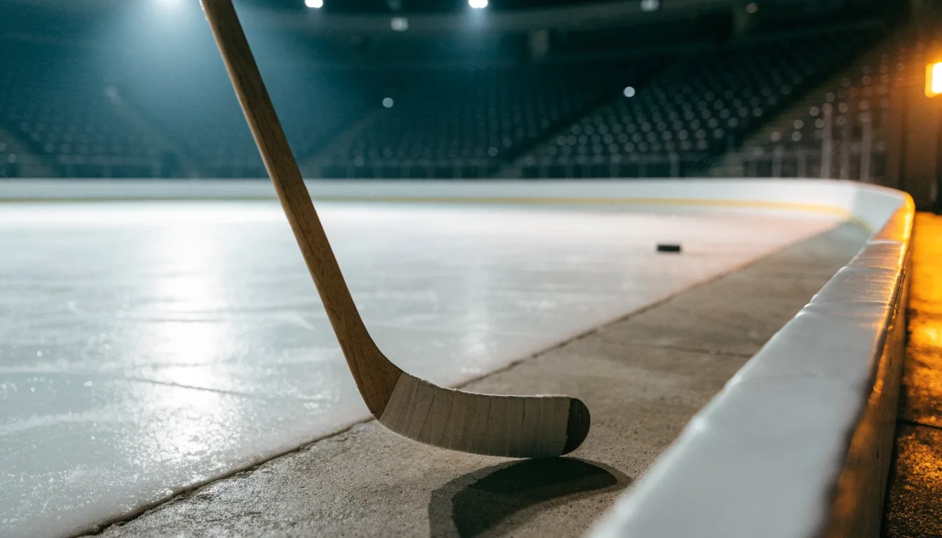 Ein Eishockeyschläger lehnt an der Bande, in der Ferne liegt die hell beleuchtete Eisfläche einer Halle unter Flutlicht.