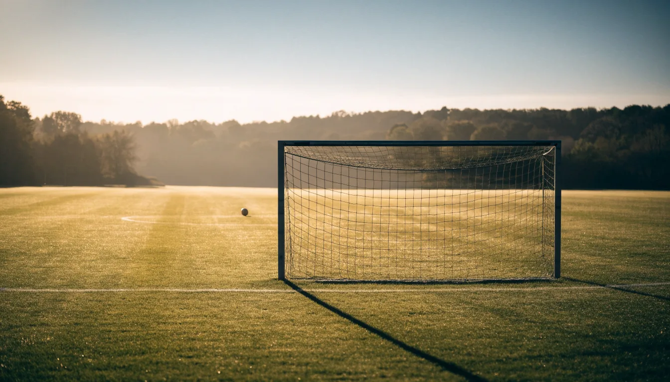 Ein Fussballtor mit Netz in der Totalen auf einem leeren Platz, Tau glänzt im Gras und die Morgensonne steht tief.